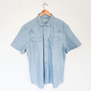 Bespoke Post Line of Trade Mens Light Denim Pearl Snap Embroidered Short Sleeve